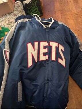 Nets Satin Bomber Jacket in Navy and Gray